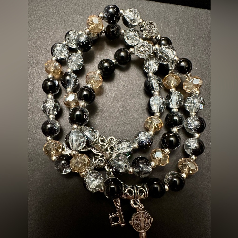 (3) Elegant Black and Silver Beaded Bracelet with St Benedict charm